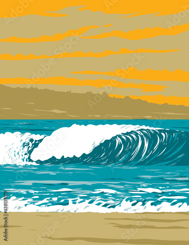 WPA poster art of surf beach at Venice Breakwater located in Venice Beach, Los Angeles, California, United States USA done in works project administration.
