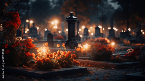 Kwiaty na grobie we Wszystkich Świętych. Cmentarz katolicki z nagrobkami i palącymi się zniczami.