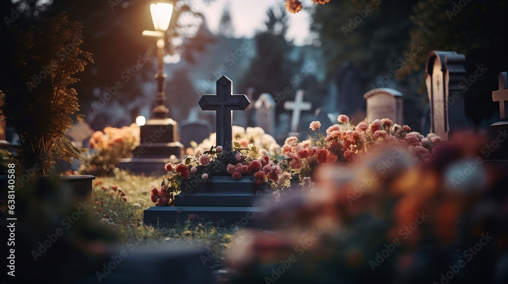 Obraz na płótnie Pomnik z krzyżem udekorowany kwiatami na cmentarzu katolickim w salonie