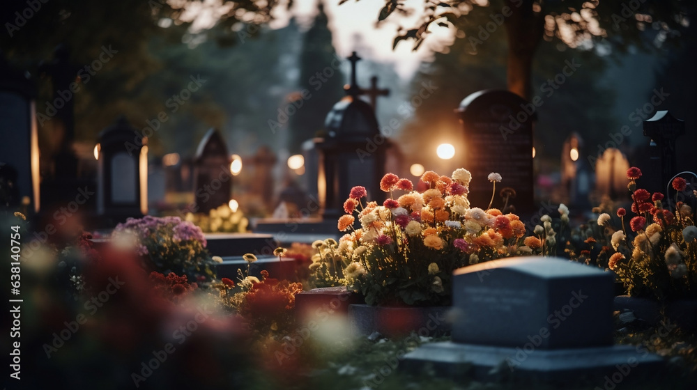 Mogiły na cmentarzu w dzień Wszystkich Świętych udekorowane kwiatami i zniczami - obrazy, fototapety, plakaty 