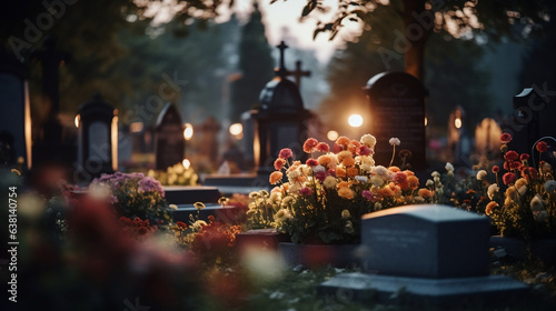 Mogiły na cmentarzu w dzień Wszystkich Świętych udekorowane kwiatami i zniczami