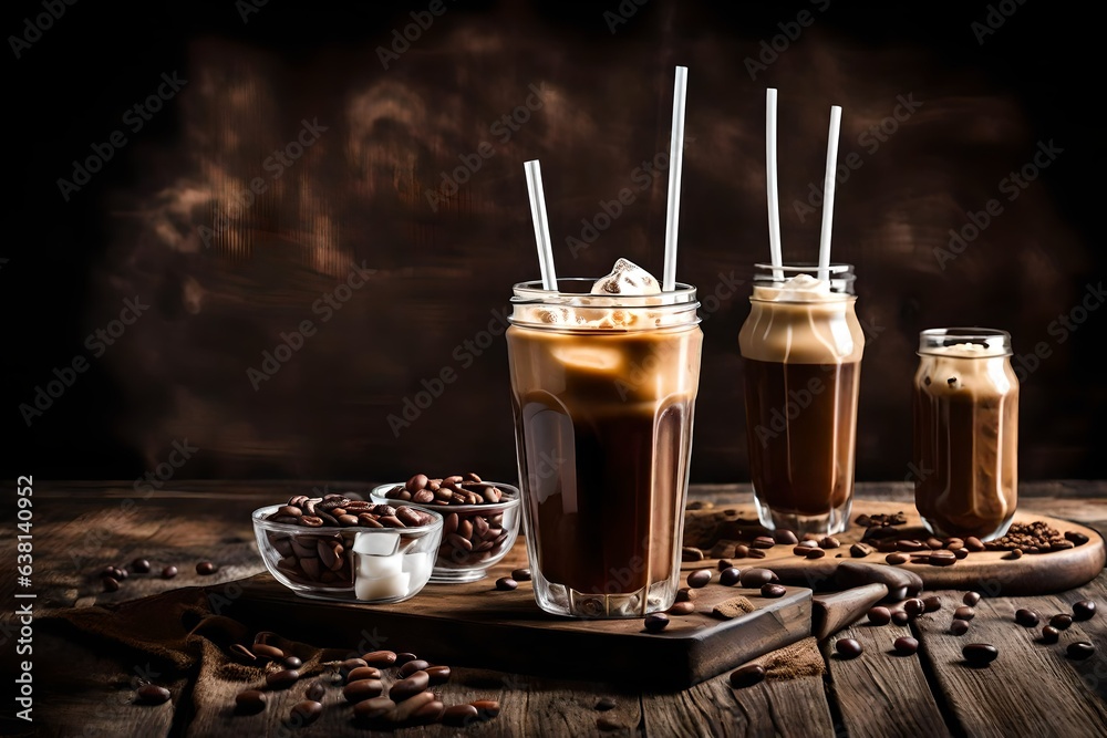 glass of coffee with chocolate and coffee beans on table glass of coffee with chocolate and coffee beans on table