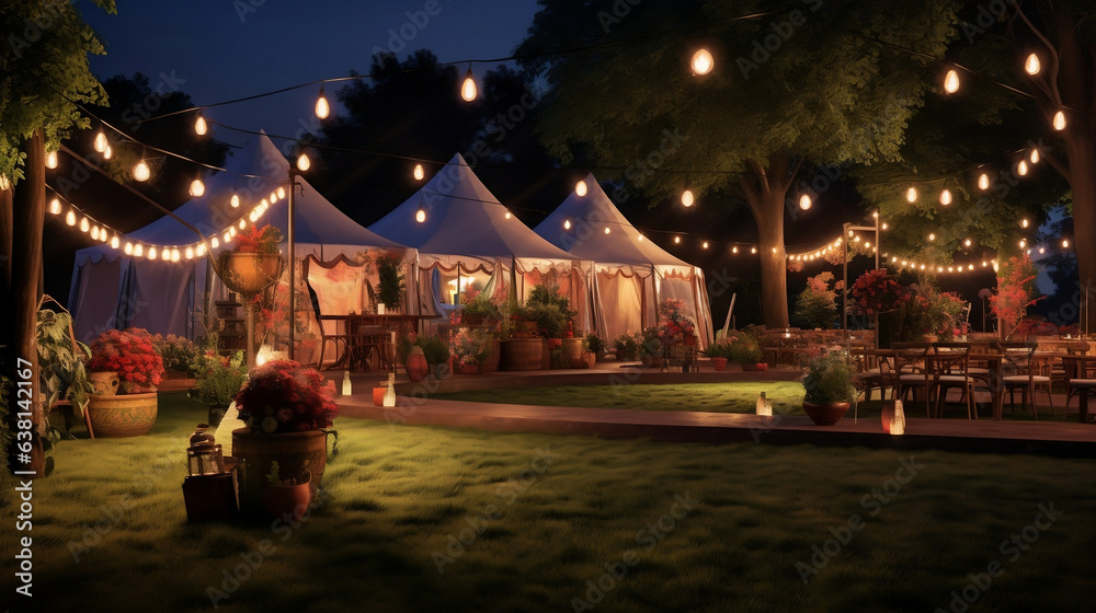 Wesele w ogrodzie - ślub pod namiotami wśród natury wieczorem, nocą oświetlony girlandami i lampami ze ścieżką prowadzącą do namiotu - obrazy, fototapety, plakaty 