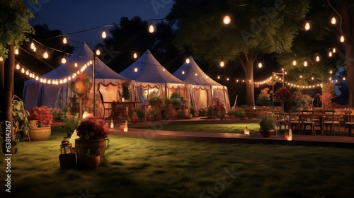 Wesele w ogrodzie - ślub pod namiotami wśród natury wieczorem, nocą oświetlony girlandami i lampami ze ścieżką prowadzącą do namiotu