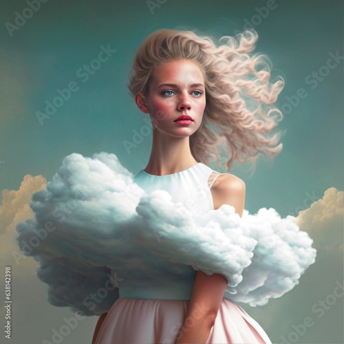 Gorgeous girl wearing a light dress while wind is blowing her hair. Sky and clouds. Mental health. The psychological setconcept of mental health, manipulation or dependence. 