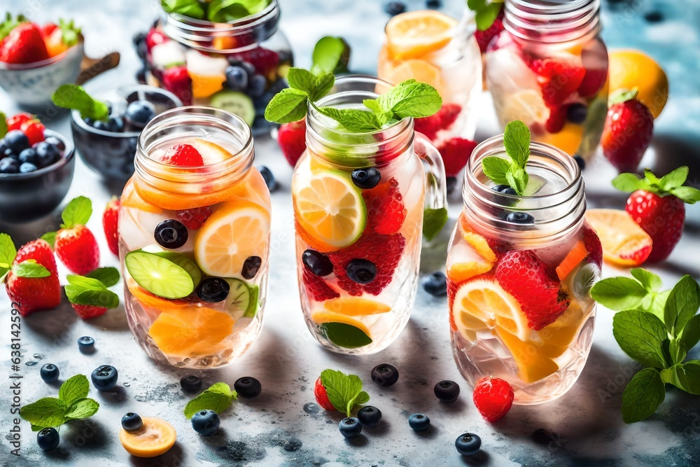 delicious fruit salad in jar on table