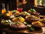 Wanderlust: Local Cuisine Experience: A vibrant array of traditional exotic cuisine from around the world, delicately arranged on a rustic wooden table