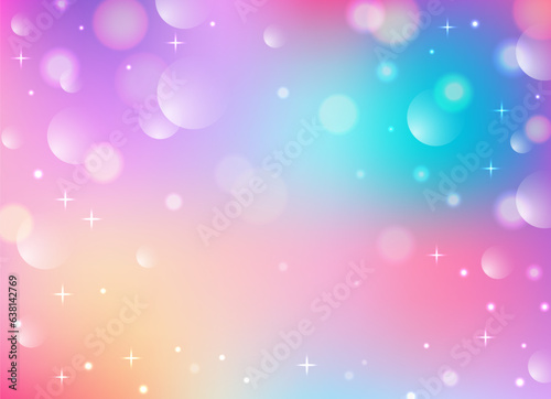 Rainbow unicorn background. Pastel pink color sky with stars. Holographic fantasy print with bokeh. Vector wallpaper for princess girl design