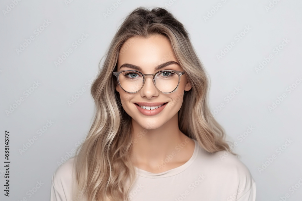 A captivating portrait of a content and confident woman, stylishly wearing glasses, set against a clean white background. Her satisfaction shines through in her radiant expression. A captivating portrait of a content and confident woman, stylishly wearing glasses, set against a clean white background. Her satisfaction shines through in her radiant expression.