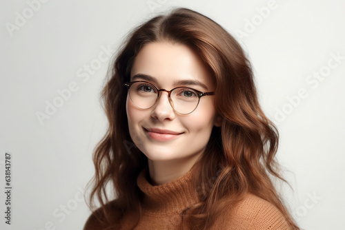 A captivating portrait of a content and confident woman, stylishly wearing glasses, set against a clean white background. Her satisfaction shines through in her radiant expression.