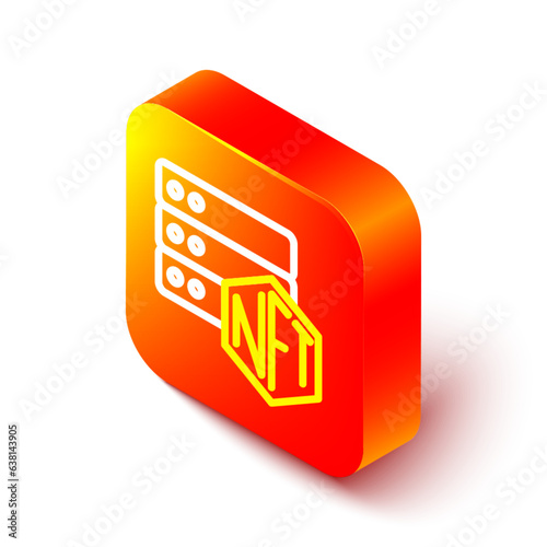 Isometric line NFT blockchain technology icon isolated on white background. Non fungible token. Digital crypto art concept. Orange square button. Vector