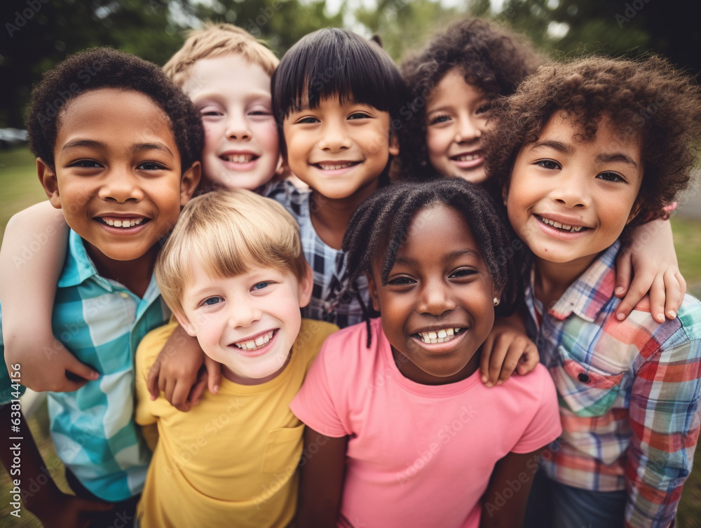 An uplifting portrait featuring a multicultural group of children, radiating joy and happiness while enjoying outdoor fun and activities together. An uplifting portrait featuring a multicultural group of children, radiating joy and happiness while enjoying outdoor fun and activities together.
