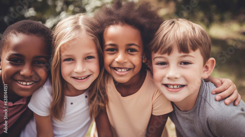 A heartwarming portrait capturing a group of diverse, cheerful, and happy children of various ethnic backgrounds enjoying outdoor activities together.