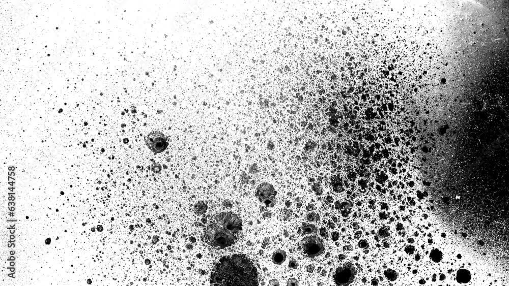 Black ink abstract background artistic flow splatter spots spills white paper beautiful reveal dripping streaks spread fluid ink alpha matte isolated watercolor ink drops transition	
