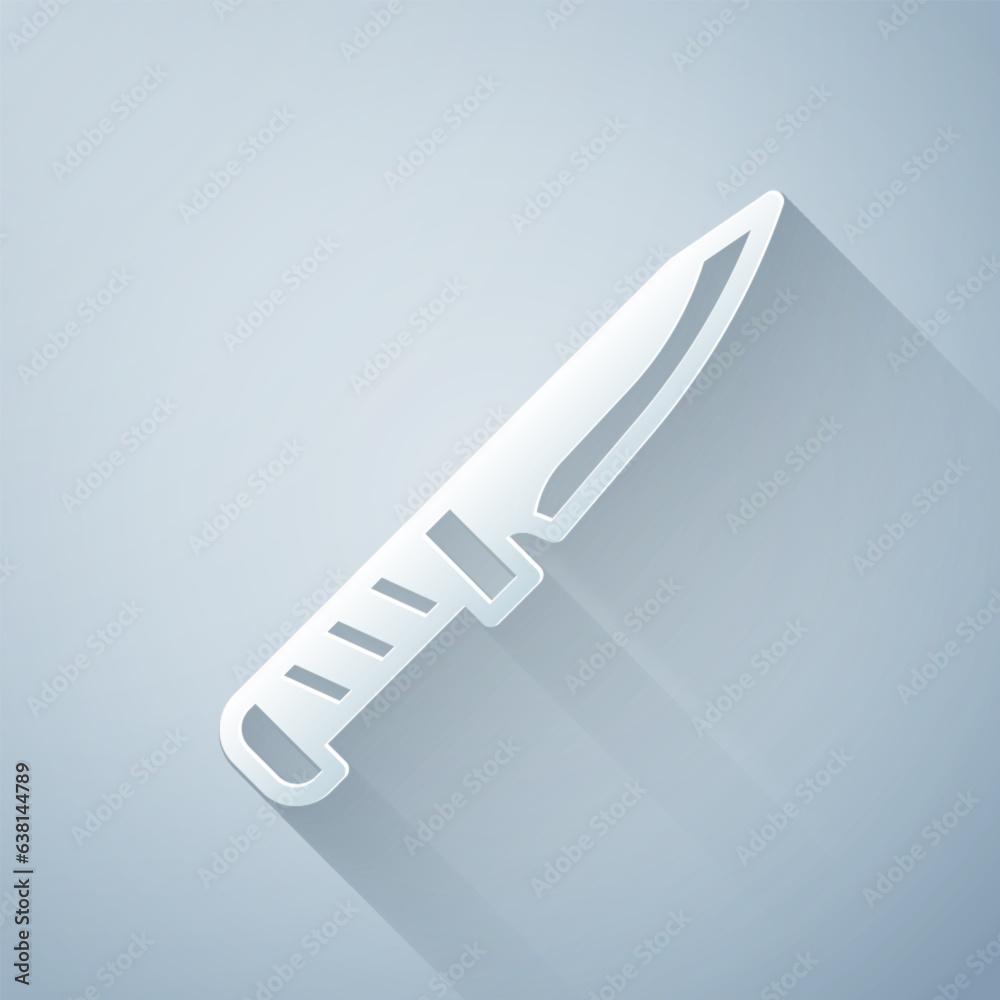Paper cut Military knife icon isolated on grey background. Paper art style. Vector Paper cut Military knife icon isolated on grey background. Paper art style. Vector