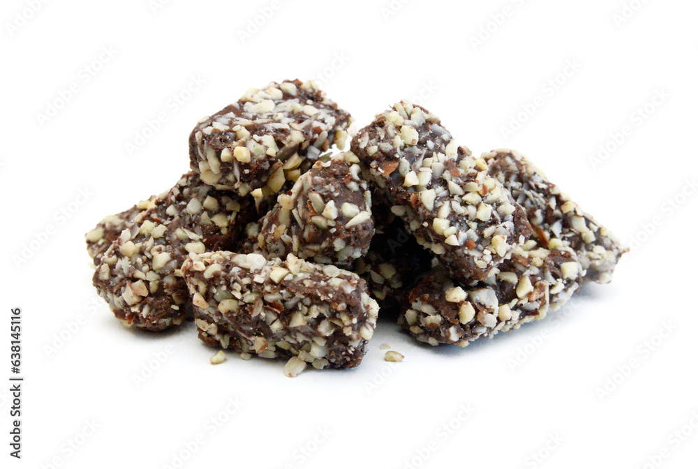 Almond butter chocolate bar candy isolated in bowl on white Almond butter chocolate bar candy isolated in bowl on white