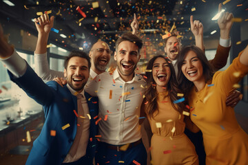 Corporate businesspeople having fun and in corporate party at office, celebrating spacial event such as corporate anniversary or business success.
