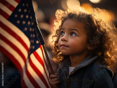 A child gazes at a United States flag, a symbol of dreams and aspirations