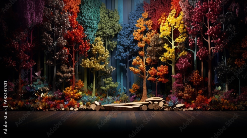 Illustration of a dense forest with multicolored trees