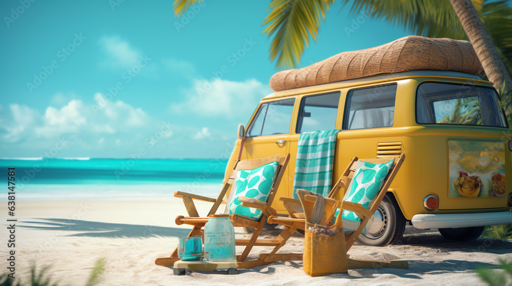 Ready for summer travel. yellow van with deck chair and beach accessory