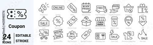 set of 24 line web icons discount, coupon, percent sign ribbon, discount code and more. Collection of Outline Icons. Vector illustration.
