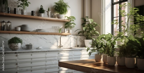 a very simple kitchen area with plants and silverware Generative AI © SKIMP Art