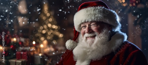 Portrait of happy Santa Claus sitting at his beautiful decorated room next to Christmas tree. photo