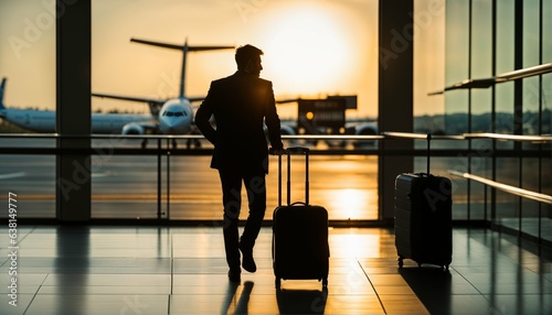 Silhouette of male passenger waiting for flight at airport during sunset