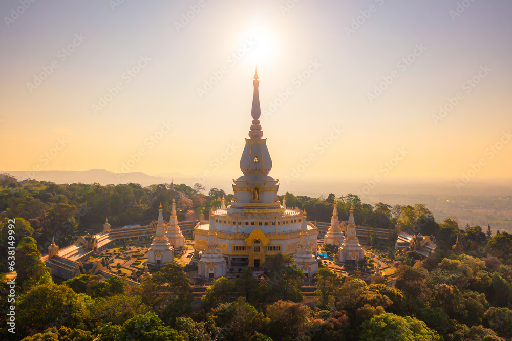 Wat Pha Nam Thip Thep Prasit Wanaram is a buddhist temple in Roi et, an urban city town, Thailand. Thai architecture landscape background. Tourist attraction landmark.