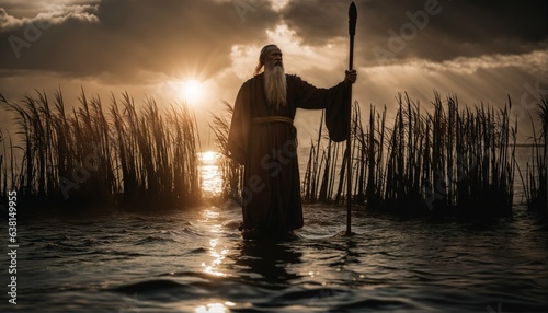 Moses holds his staff as God parts the waters of the Yam Suph (Reed sea) photo