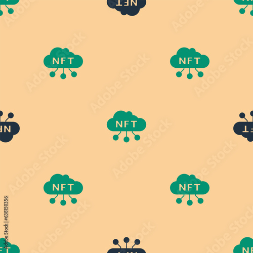 Green and black NFT cloud icon isolated seamless pattern on beige background. Non fungible token. Digital crypto art concept. Vector