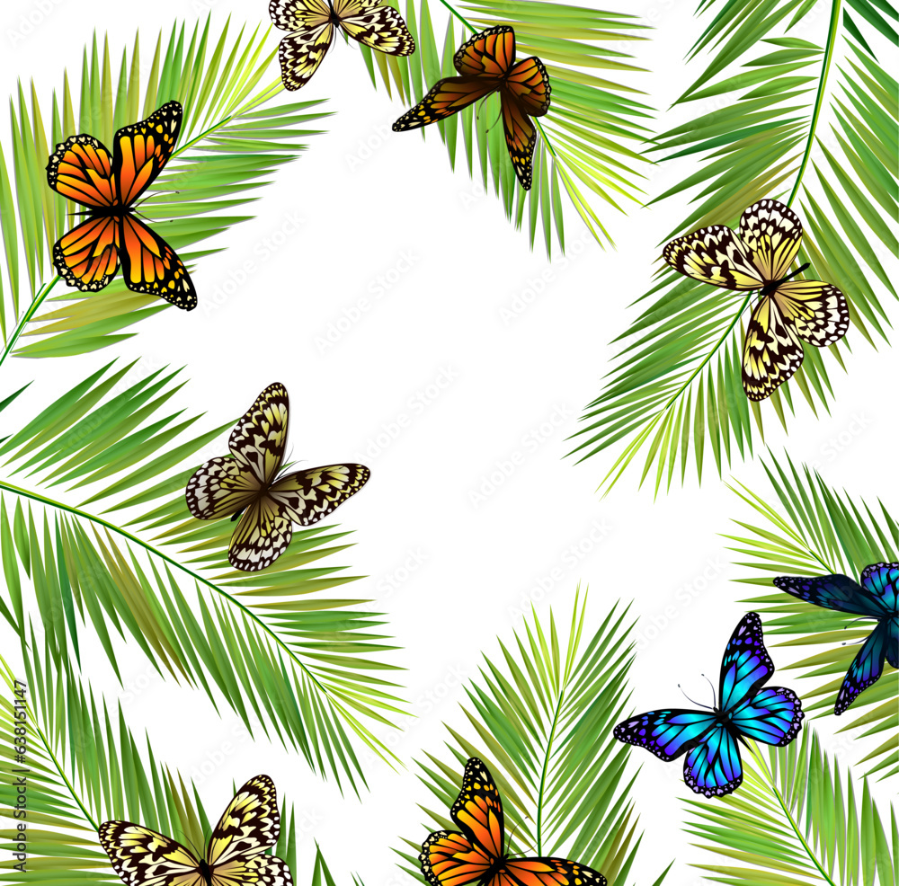 Obraz premium Frame square with palm leaves and butterflies. Vector illustration
