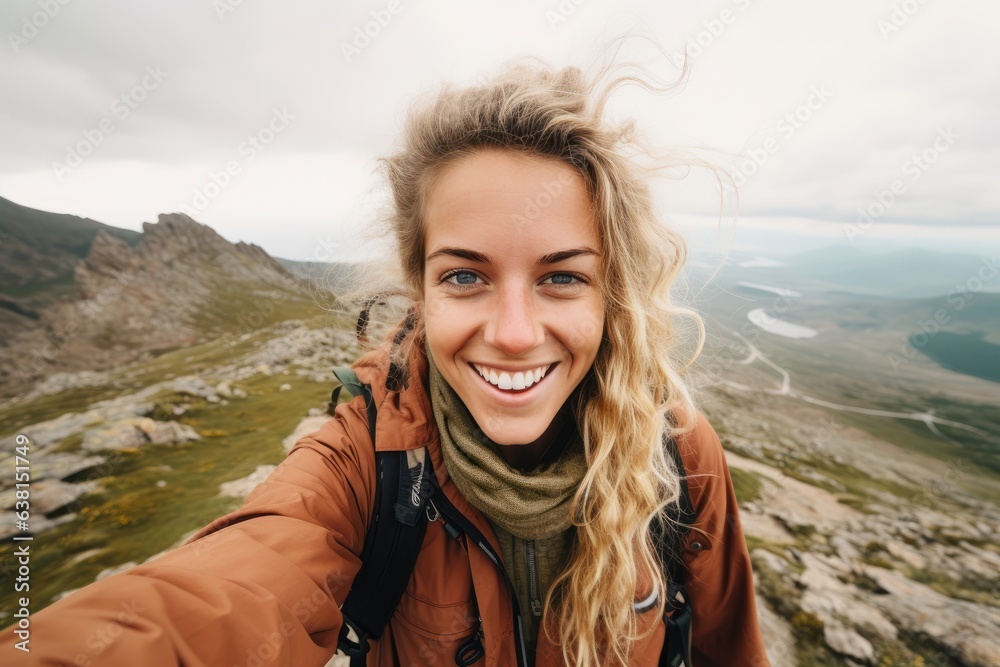 Young woman taking a selfie amidst mountain hiking