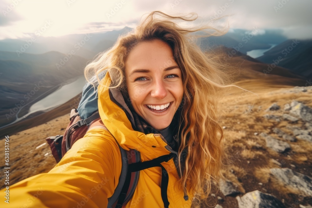 Young woman taking a selfie amidst mountain hiking