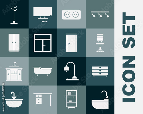 Set Washbasin with water tap, Chest of drawers, Office chair, Electrical outlet, Window the room, Wardrobe, Coat stand and Closed door icon. Vector
