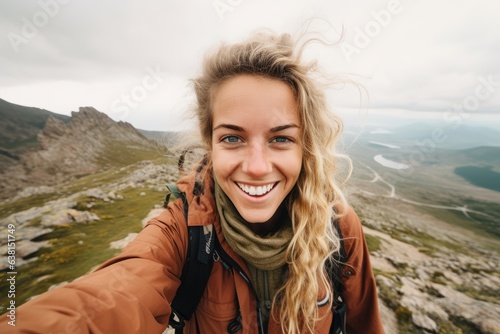 Young woman taking a selfie amidst mountain hiking