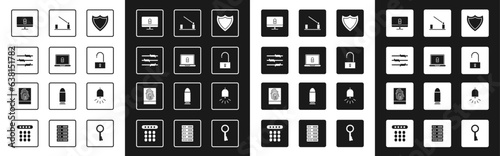 Set Shield, Laptop and lock, Barbed wire, Lock on computer monitor, Open padlock, Parking car barrier, Ringing alarm bell and Fingerprint icon. Vector