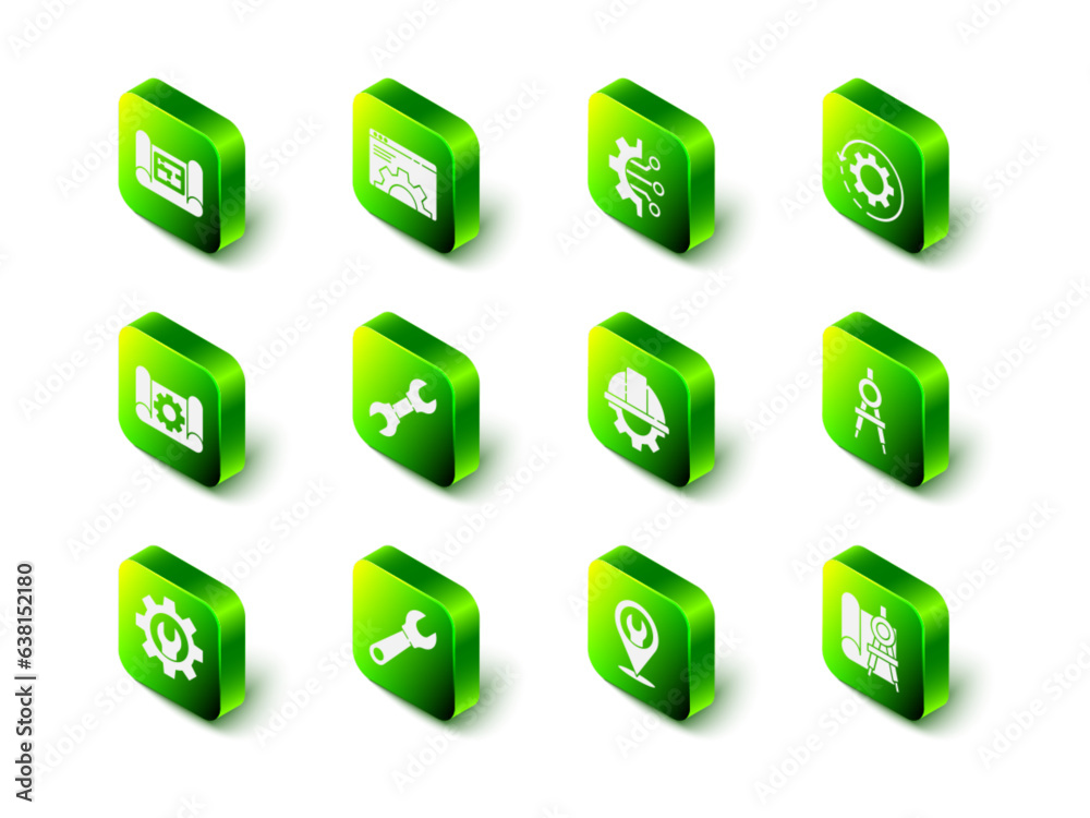 Set Browser setting, Algorithm, Gear and arrows as workflow, Drawing compass, Graphing paper, Worker safety helmet gear, Location with wrench spanner and Wrench icon. Vector Set Browser setting, Algorithm, Gear and arrows as workflow, Drawing compass, Graphing paper, Worker safety helmet gear, Location with wrench spanner and Wrench icon. Vector
