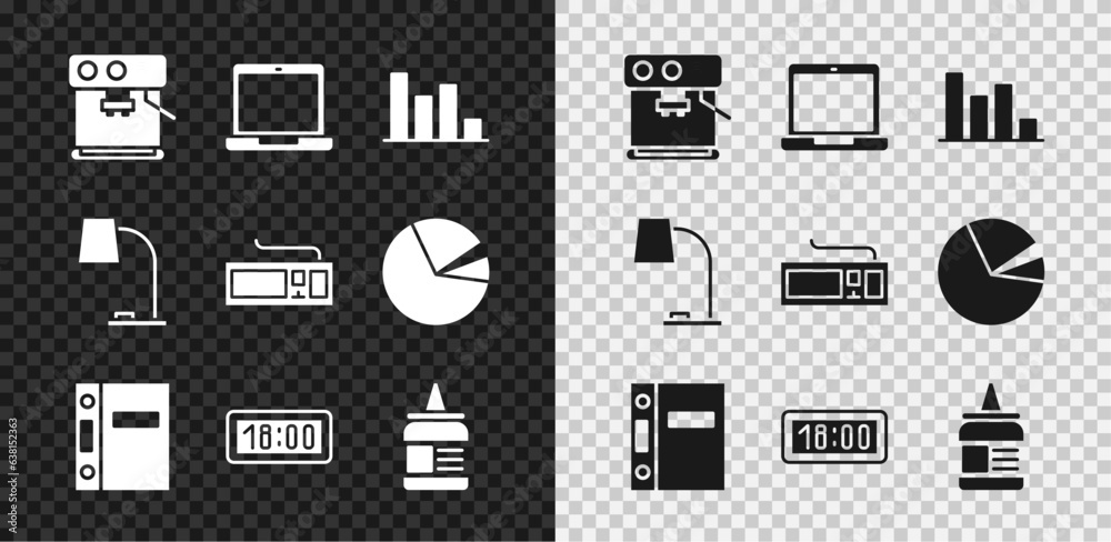 Fototapeta premium Set Coffee machine, Laptop, Pie chart infographic, Office folders, Digital alarm clock, Glue, Table lamp and Keyboard icon. Vector