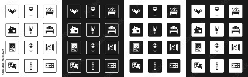 Set Romantic in bathroom, Ice cream, Love ticket, Heart with wings, Bedroom, Wine glass, first sight and Photo frames and hearts icon. Vector Set Romantic in bathroom, Ice cream, Love ticket, Heart with wings, Bedroom, Wine glass, first sight and Photo frames and hearts icon. Vector