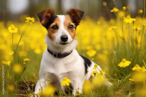 Small Jack Russell terrier sitting on meadow in spring