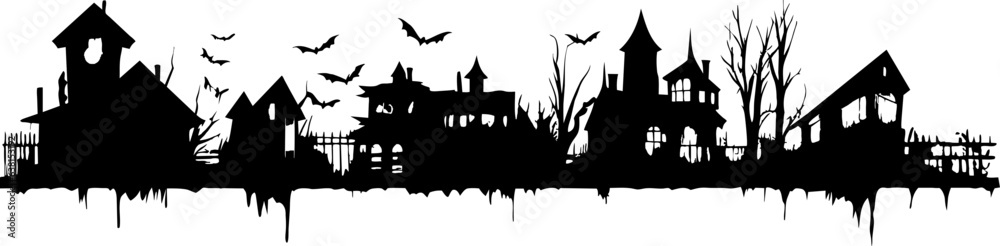 Halloween houses. Creepy village. Black silhouettes of houses and trees on an white background. Vector illustration.