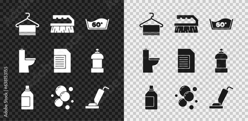 Set Towel on hanger, Brush for cleaning, Temperature wash, Bottle agent, Soap water bubbles, Vacuum cleaner, Toilet bowl and Laundry detergent icon. Vector