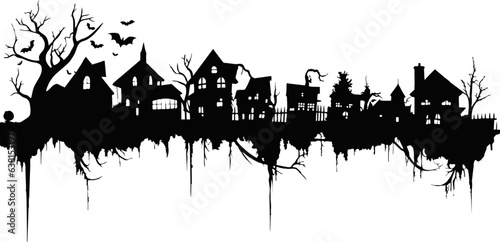 Small cartoon town silhouette houses trees black and white. Vector Illustration with fairy town silhouette. Halloween villgae silhouette vector illustration.