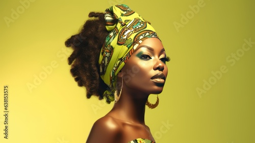  African-American woman wearing vibrant green traditional African attire strikes a confident pose against a green backdrop, showcasing her cultural elegance and expressive style. Generative AI