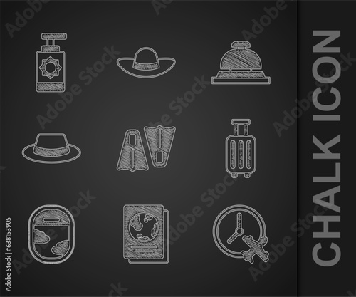 Set Rubber flippers for swimming, Passport, Clock with airplane, Suitcase, Airplane window, Man hat ribbon, Hotel service bell and Sunscreen spray bottle icon. Vector
