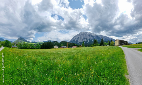Obraz na płótnie Summer austrian landscape with Grimming mountain (2.351 m), an isolated peak in the Dachstein Mountains, view from small alpine village Tauplitz, Styria, Austria w salonie