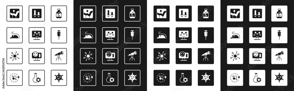 Set Medicine bottle and pills, Genetic engineering, Experimental mouse, Graph chart infographic, Syringe, Telescope and Molecule icon. Vector Set Medicine bottle and pills, Genetic engineering, Experimental mouse, Graph chart infographic, Syringe, Telescope and Molecule icon. Vector