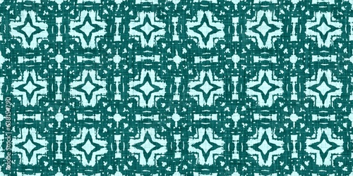 Teal green white vibrant watercolor batik azulejos tile border banner background. Seamless aqua coastal blur linen effect geometric mosaic effect.Boho Patchwork nautical masculine summer ribbon trim. 
