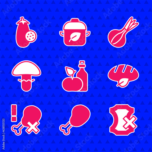 Set Apple cider vinegar in bottle, Chicken leg, No leather, Vegan bread loaf, chicken, Mushroom, Onion and Eggplant icon. Vector